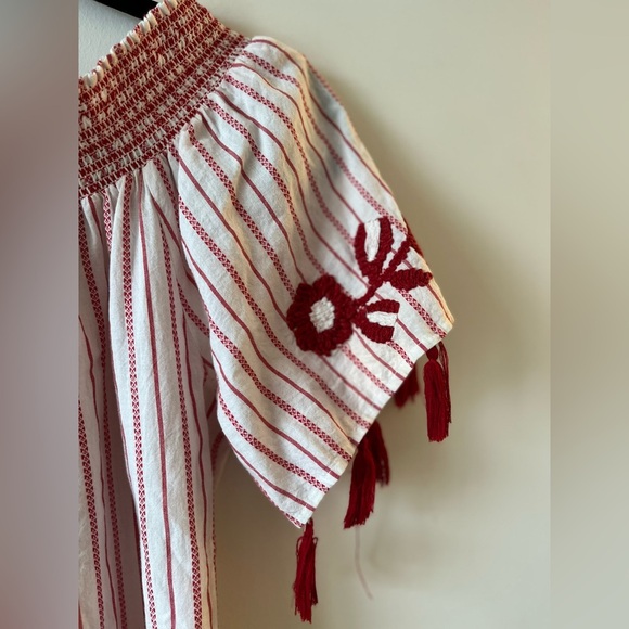 Luna Moon Off-Shoulder Red-White Embroidered Flowers and Tassel Mini Dress - Picture 6 of 12